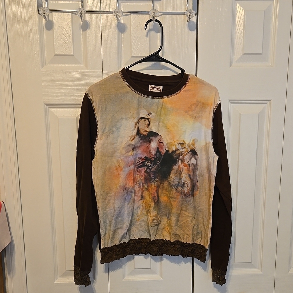 Bit & Bridle Multi-Color Long Sleeve Graphic Tee with Brown Sleeves